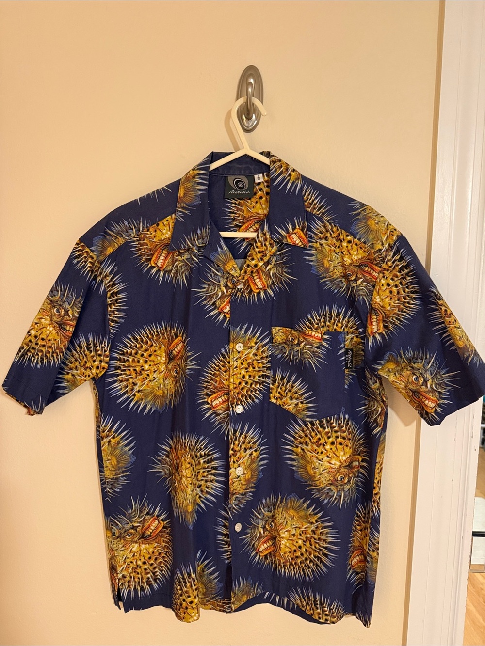 Men's Navy Short-Sleeve Button-Down Shirt with Yellow Pufferfish Print by